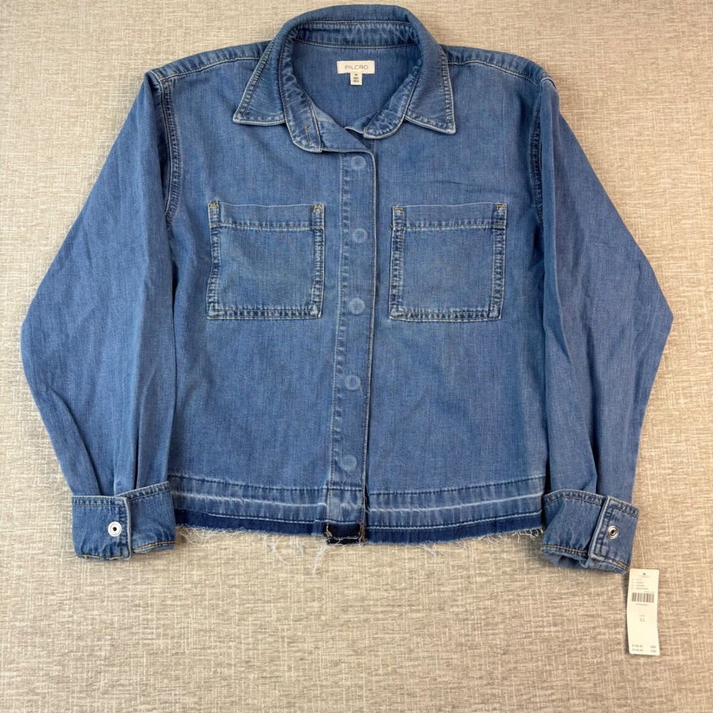 Pilcro Anthropologie Mens Blue Denim Shirt Jacket Raw Hem XS